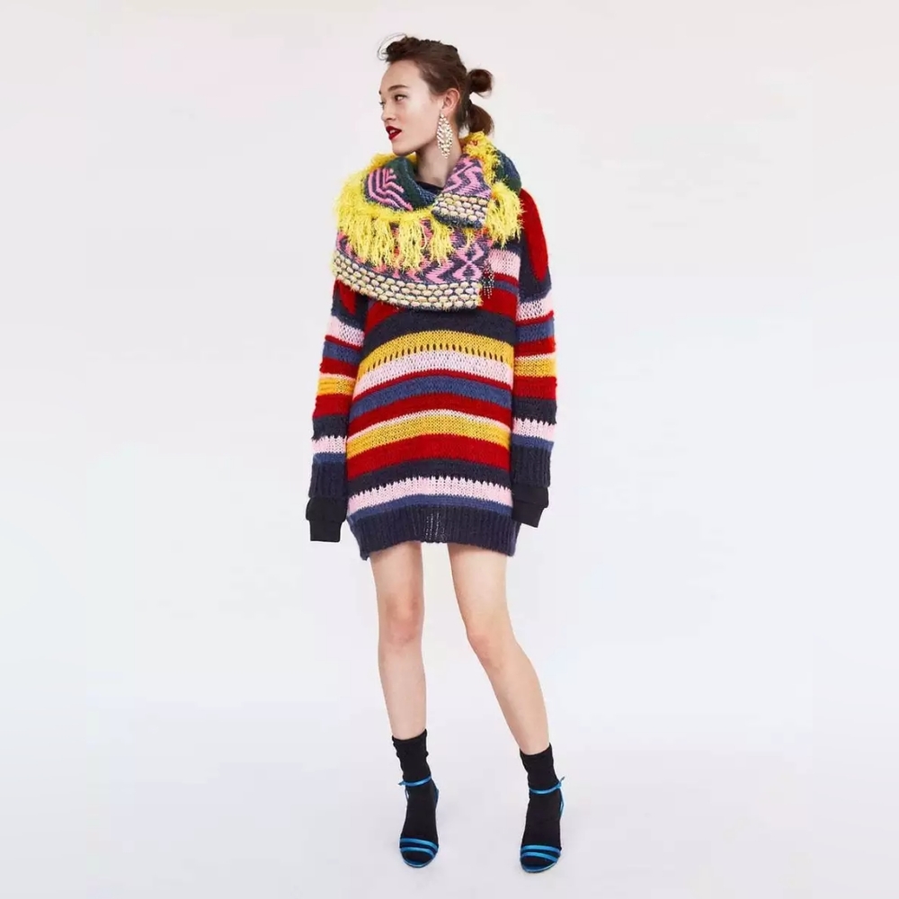 Zara Multicolored stripes Crochet Sweater Jumper oversized Size S
